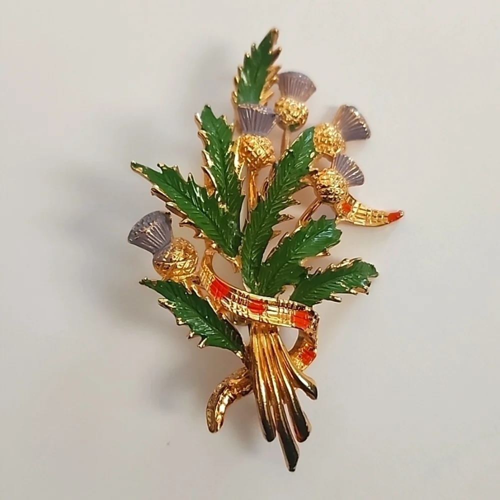 Vintage Unisex Thistle Large Enamel Brooch Pin